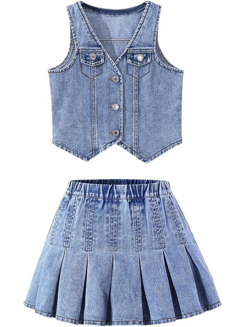 Trendy Y2K 2-Piece Denim Vest & Pleated Mini Skirt Set for Girls - Fashionable